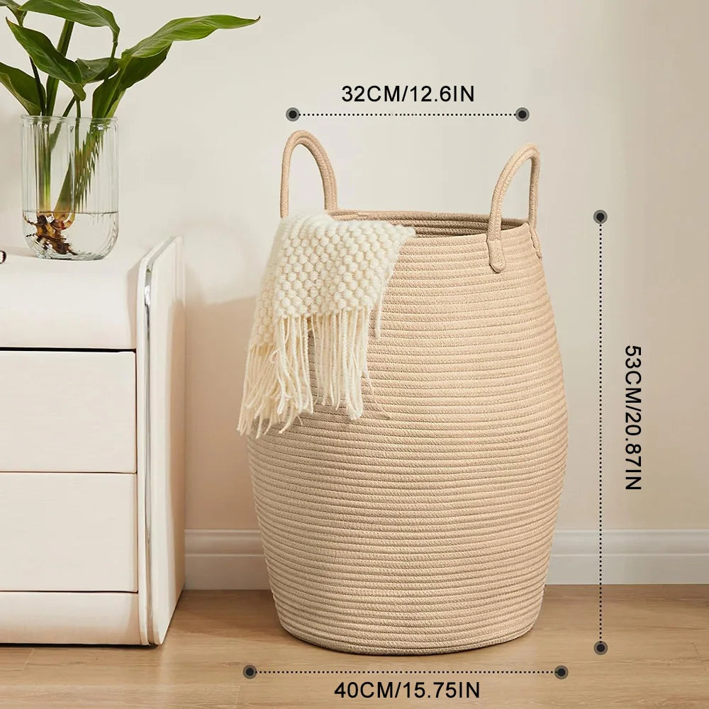 Large Cotton Rope Laundry Basket Barrel Shape Thickened Stereoscopic Dirty Clothes Hamper Eco-Friendly Sundries Storage Basket for Hotel Bedroom Bathroom Home Organizer White/Beige