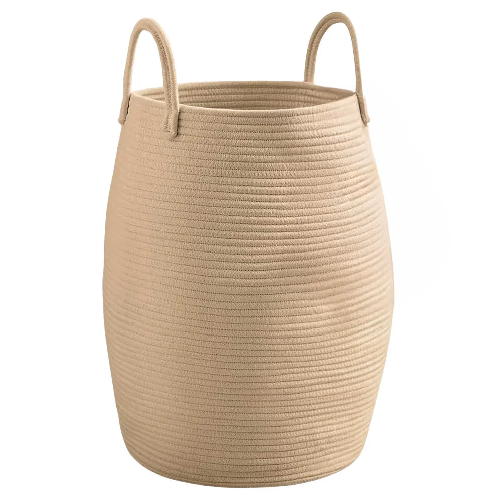Large Cotton Rope Laundry Basket Barrel Shape Thickened Stereoscopic Dirty Clothes Hamper Eco-Friendly Sundries Storage Basket for Hotel Bedroom Bathroom Home Organizer White/Beige