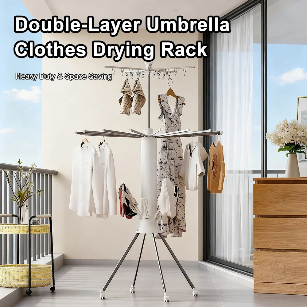 Single-storey/Two-storey Octopus Clothes Drying Rack 360° Rotating Foldable Laundry Airer for Indoor Outdoor Heavy Duty Carbon Steel Standing Drying Rack with ABS Plastic Clips for Balcony Bedroom