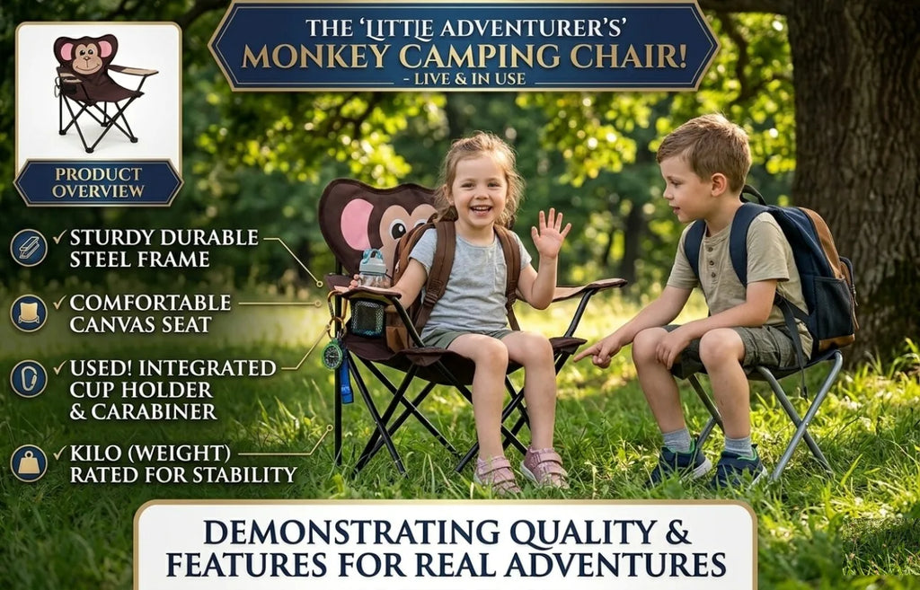 Animal Style Folding Camping Chair Portable Kids Chair with Armrest Cup Holder Lightweight Outdoor Picnic Beach Chair Monkey Fro