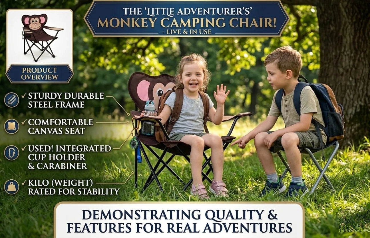 Animal Style Folding Camping Chair Portable Kids Chair with Armrest Cup Holder Lightweight Outdoor Picnic Beach Chair Monkey Fro