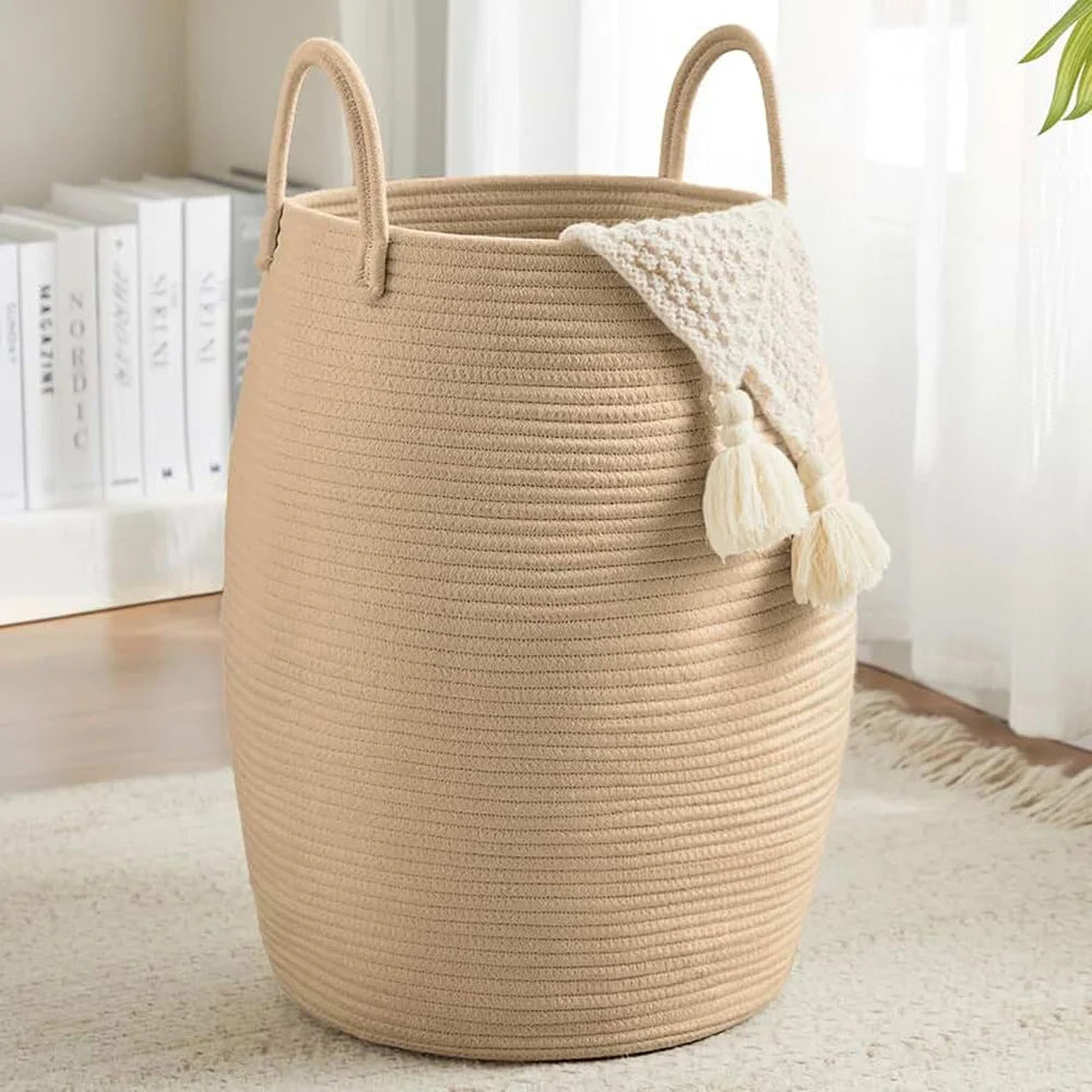 Large Cotton Rope Laundry Basket Barrel Shape Thickened Stereoscopic Dirty Clothes Hamper Eco-Friendly Sundries Storage Basket for Hotel Bedroom Bathroom Home Organizer White/Beige