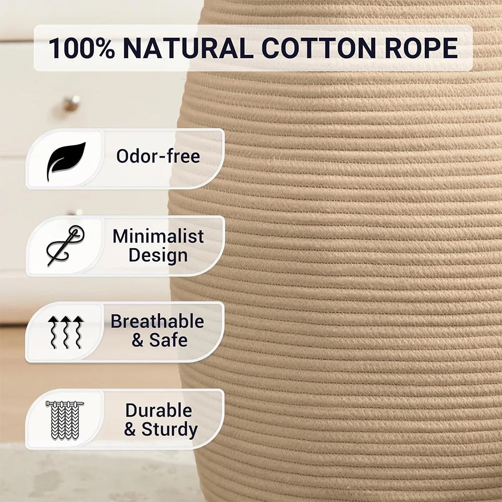 Large Cotton Rope Laundry Basket Barrel Shape Thickened Stereoscopic Dirty Clothes Hamper Eco-Friendly Sundries Storage Basket for Hotel Bedroom Bathroom Home Organizer White/Beige