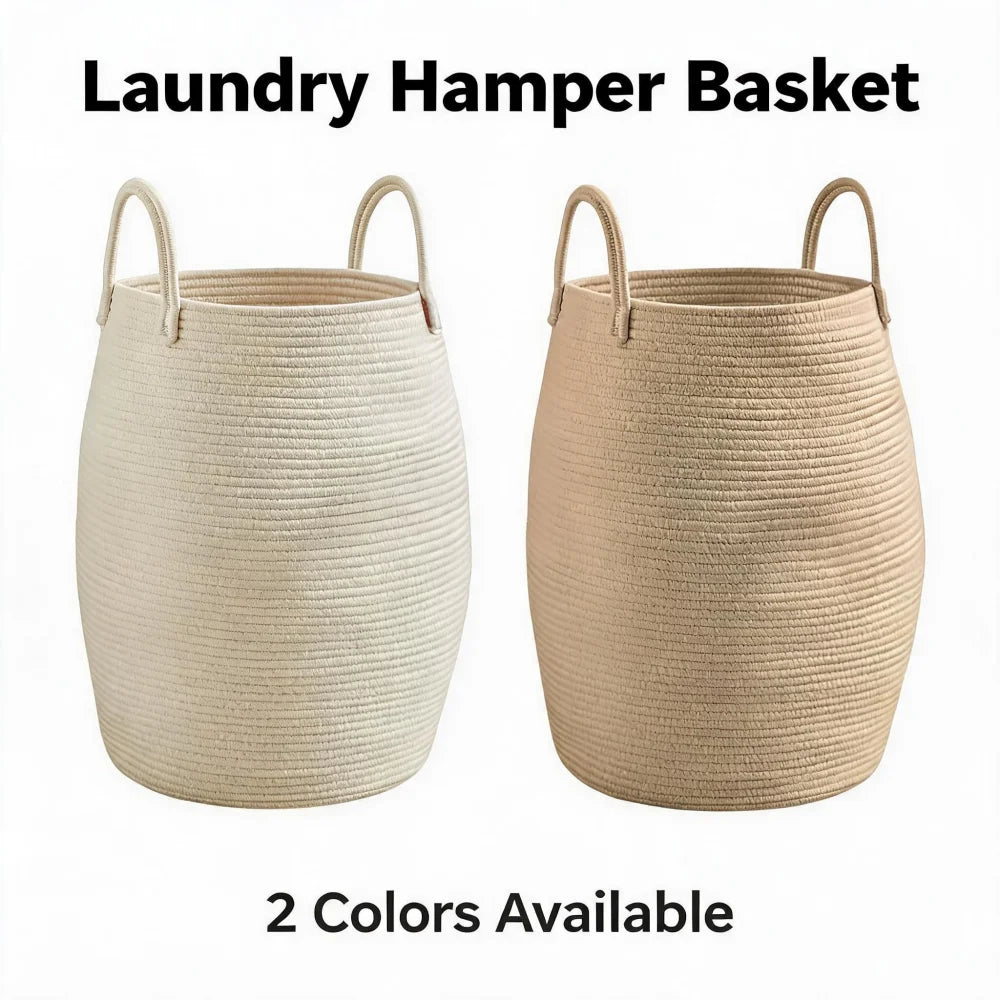 Large Cotton Rope Laundry Basket Barrel Shape Thickened Stereoscopic Dirty Clothes Hamper Eco-Friendly Sundries Storage Basket for Hotel Bedroom Bathroom Home Organizer White/Beige