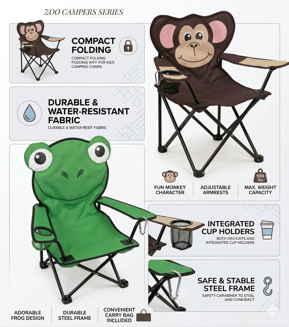 Animal Style Folding Camping Chair Portable Kids Chair with Armrest Cup Holder Lightweight Outdoor Picnic Beach Chair Monkey Fro