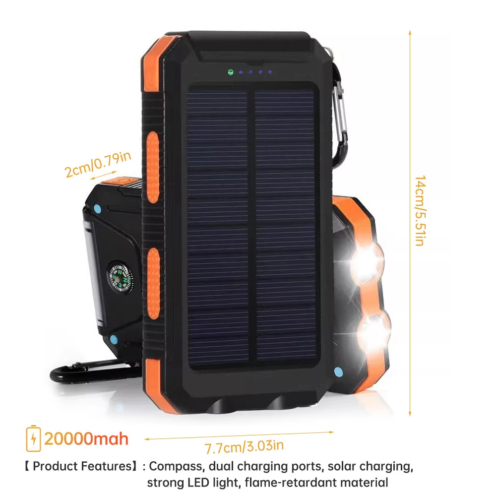 20000mAh Portable Solar Power Bank Camping External Battery Charger for Mobile Phones 2 USB/ LED Flashlights Charger