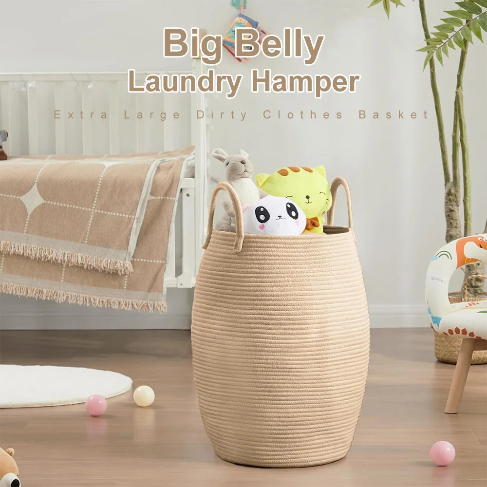 Large Cotton Rope Laundry Basket Barrel Shape Thickened Stereoscopic Dirty Clothes Hamper Eco-Friendly Sundries Storage Basket for Hotel Bedroom Bathroom Home Organizer White/Beige