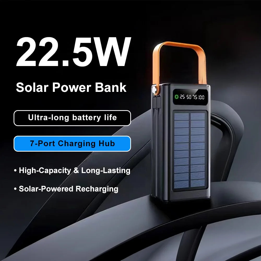 50000mAh High Capacity Solar Power Bank Waterproof Portable External Battery Pack USB Fast Charging Solar Charger for iPhone Android Phone Tablet Outdoor Camping Hiking Travel Emergency Power