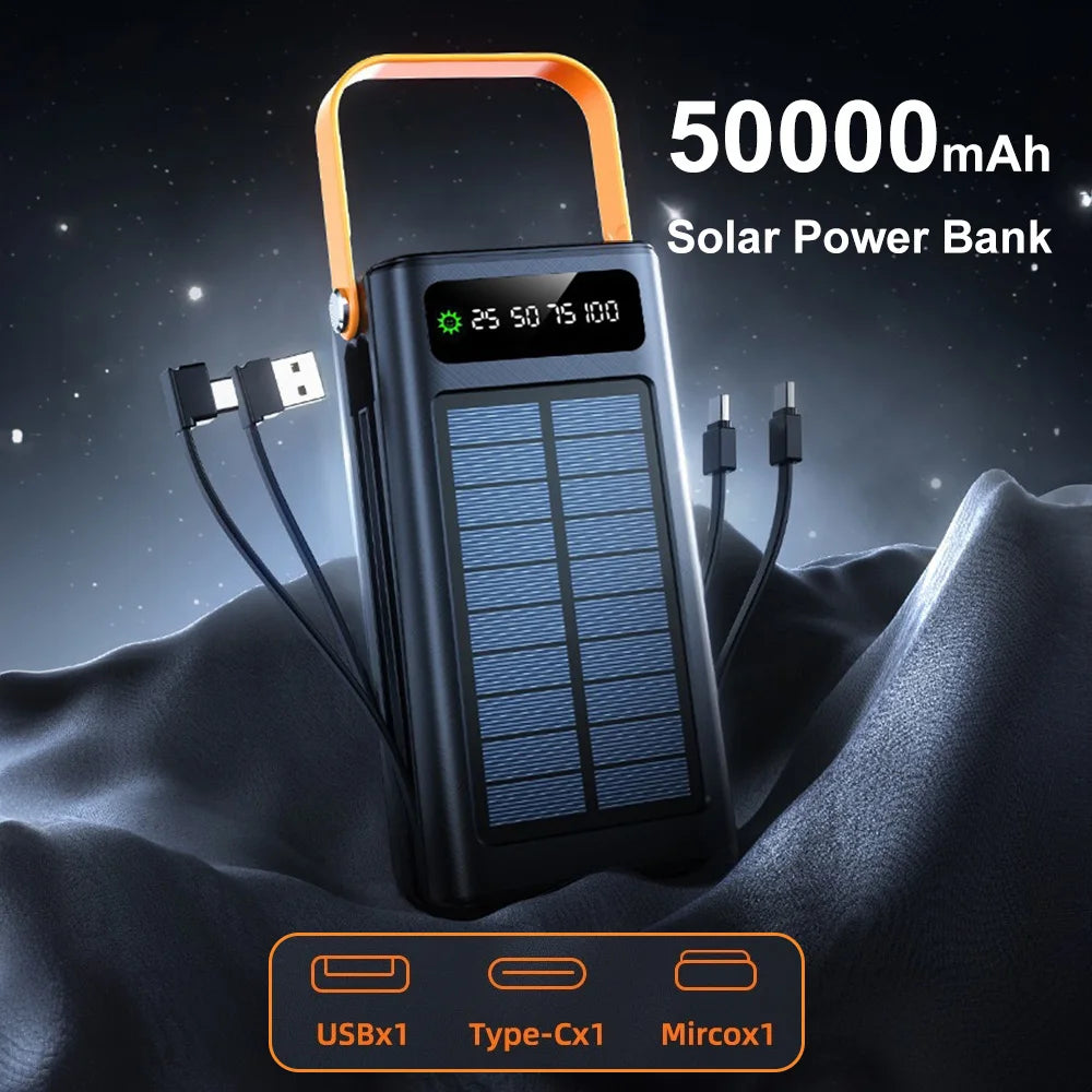 50000mAh High Capacity Solar Power Bank Waterproof Portable External Battery Pack USB Fast Charging Solar Charger for iPhone Android Phone Tablet Outdoor Camping Hiking Travel Emergency Power
