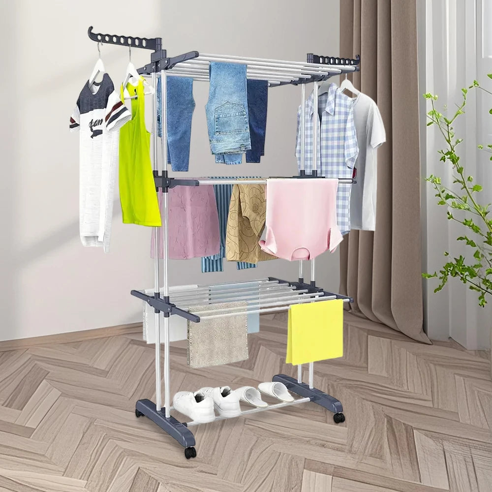 Home Removable 4-layers Drying Rack Foldable Telescopic Towel Hanging Rack Space-Saving Indoor Outdoor Adjustable Floor Standing Clothes Drying Rack for Balcony Garden Bedroom