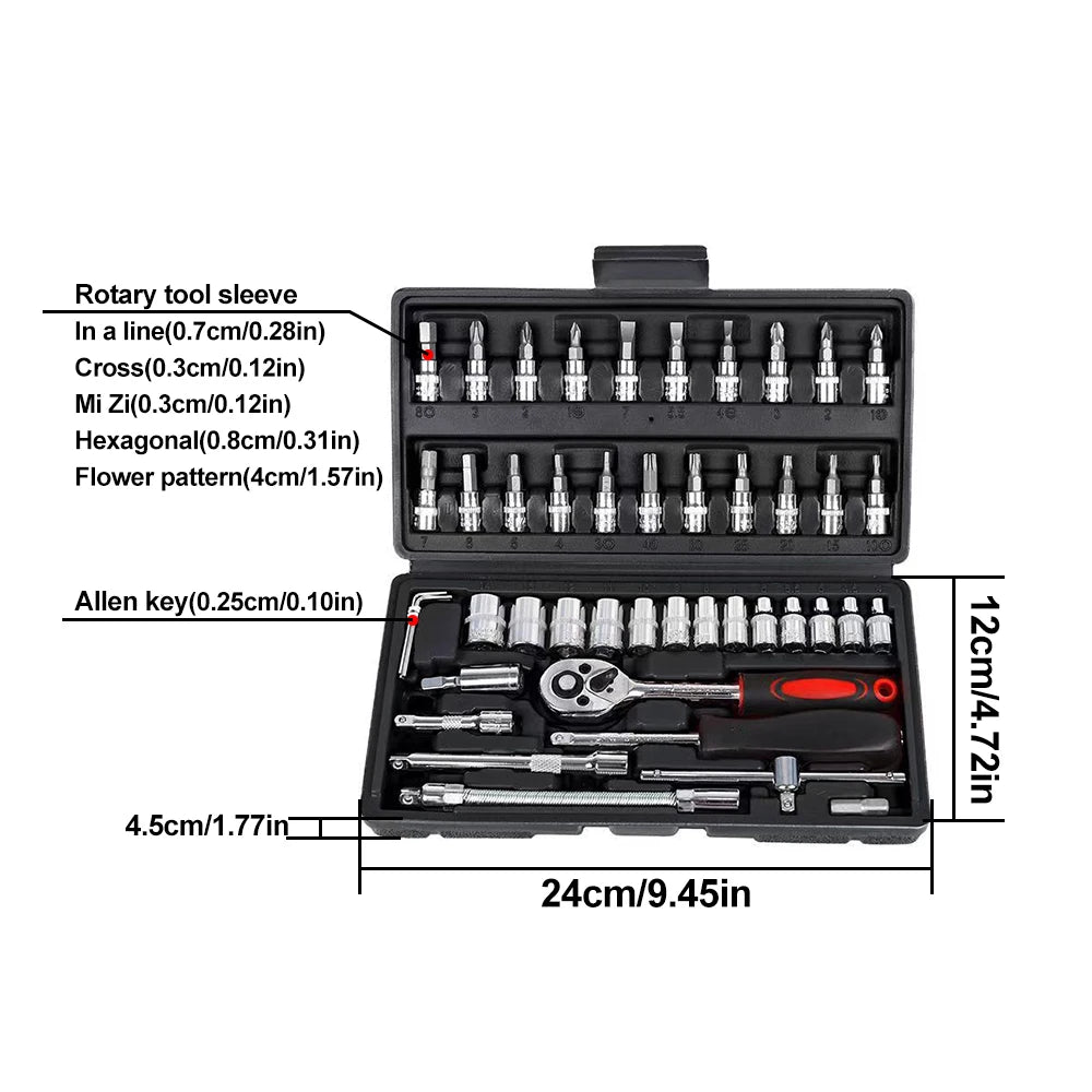 46pcs Ratchet Wrench Set 1/4 Ratchet Torque Wrench Combo Kit with Sockets Bit Hand Spanner Tool Car Repair Hardware Tool