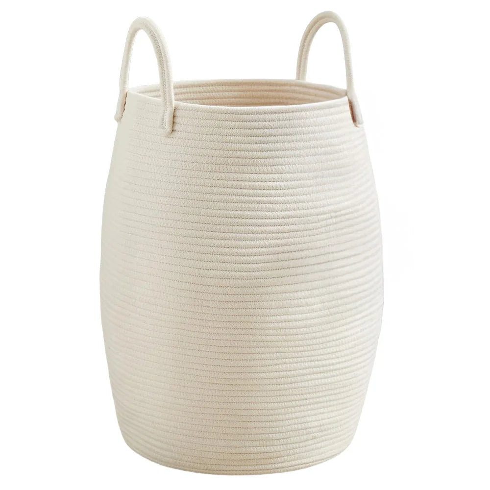 Large Cotton Rope Laundry Basket Barrel Shape Thickened Stereoscopic Dirty Clothes Hamper Eco-Friendly Sundries Storage Basket for Hotel Bedroom Bathroom Home Organizer White/Beige