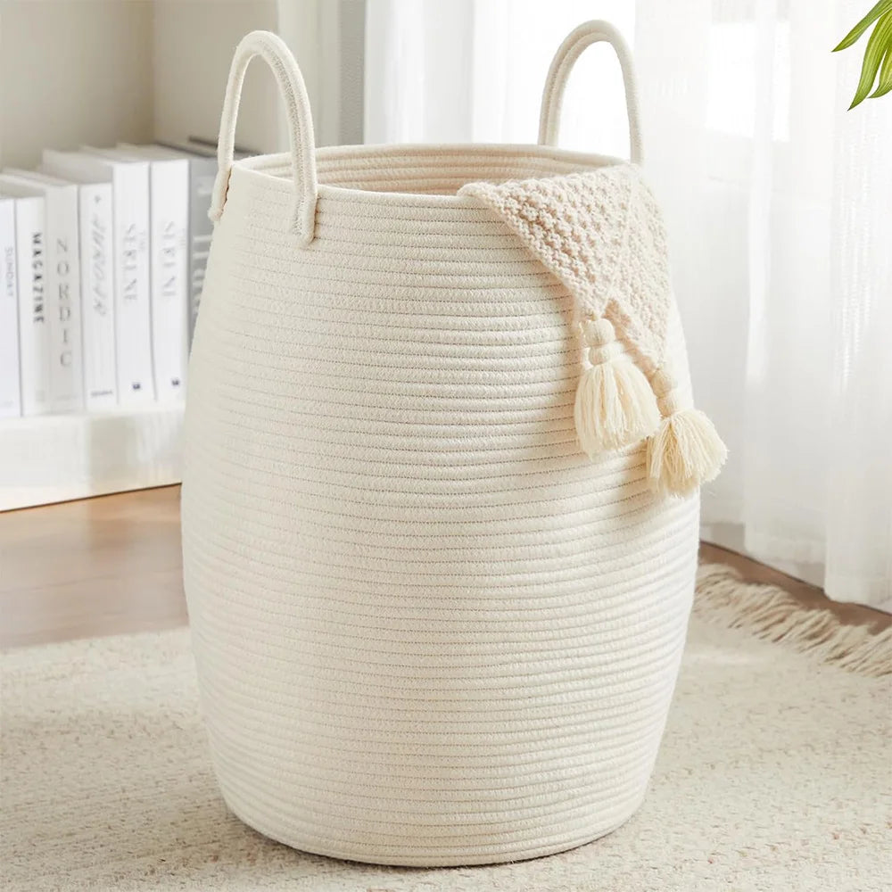 Large Cotton Rope Laundry Basket Barrel Shape Thickened Stereoscopic Dirty Clothes Hamper Eco-Friendly Sundries Storage Basket for Hotel Bedroom Bathroom Home Organizer White/Beige
