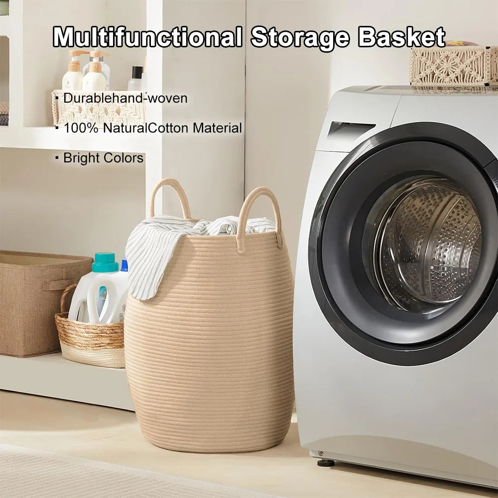 Large Cotton Rope Laundry Basket Barrel Shape Thickened Stereoscopic Dirty Clothes Hamper Eco-Friendly Sundries Storage Basket for Hotel Bedroom Bathroom Home Organizer White/Beige