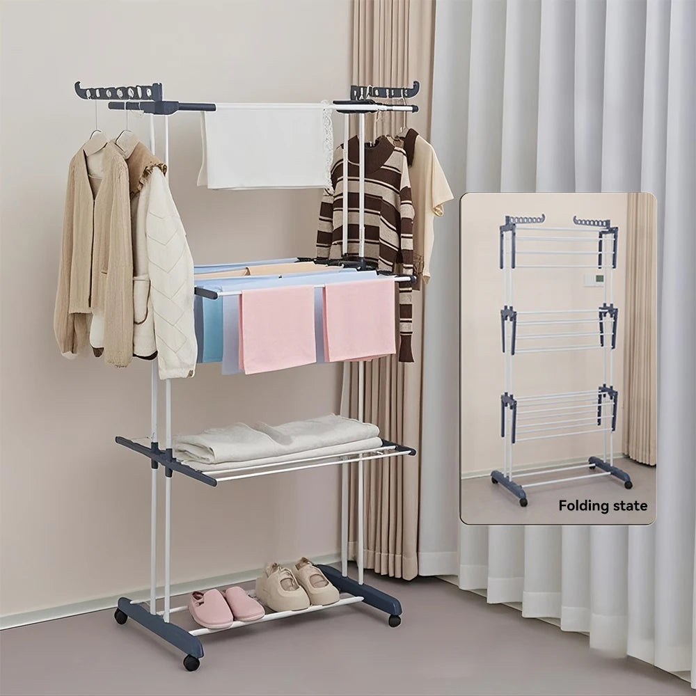 Home Removable 4-layers Drying Rack Foldable Telescopic Towel Hanging Rack Space-Saving Indoor Outdoor Adjustable Floor Standing Clothes Drying Rack for Balcony Garden Bedroom