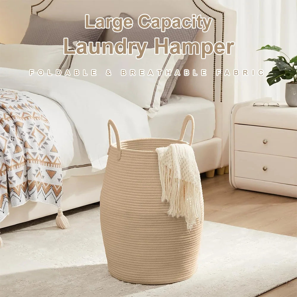 Large Cotton Rope Laundry Basket Barrel Shape Thickened Stereoscopic Dirty Clothes Hamper Eco-Friendly Sundries Storage Basket for Hotel Bedroom Bathroom Home Organizer White/Beige
