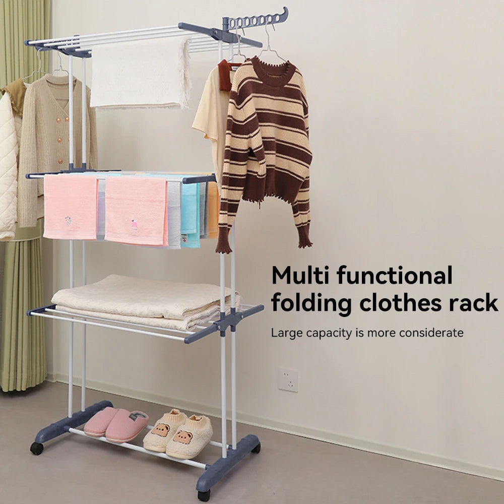 Home Removable 4-layers Drying Rack Foldable Telescopic Towel Hanging Rack Space-Saving Indoor Outdoor Adjustable Floor Standing Clothes Drying Rack for Balcony Garden Bedroom