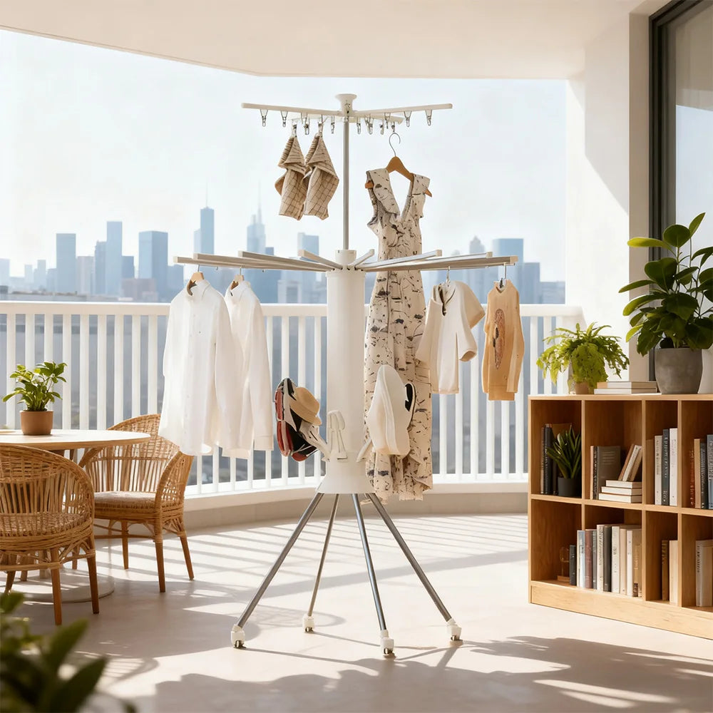 Single-storey/Two-storey Octopus Clothes Drying Rack 360° Rotating Foldable Laundry Airer for Indoor Outdoor Heavy Duty Carbon Steel Standing Drying Rack with ABS Plastic Clips for Balcony Bedroom