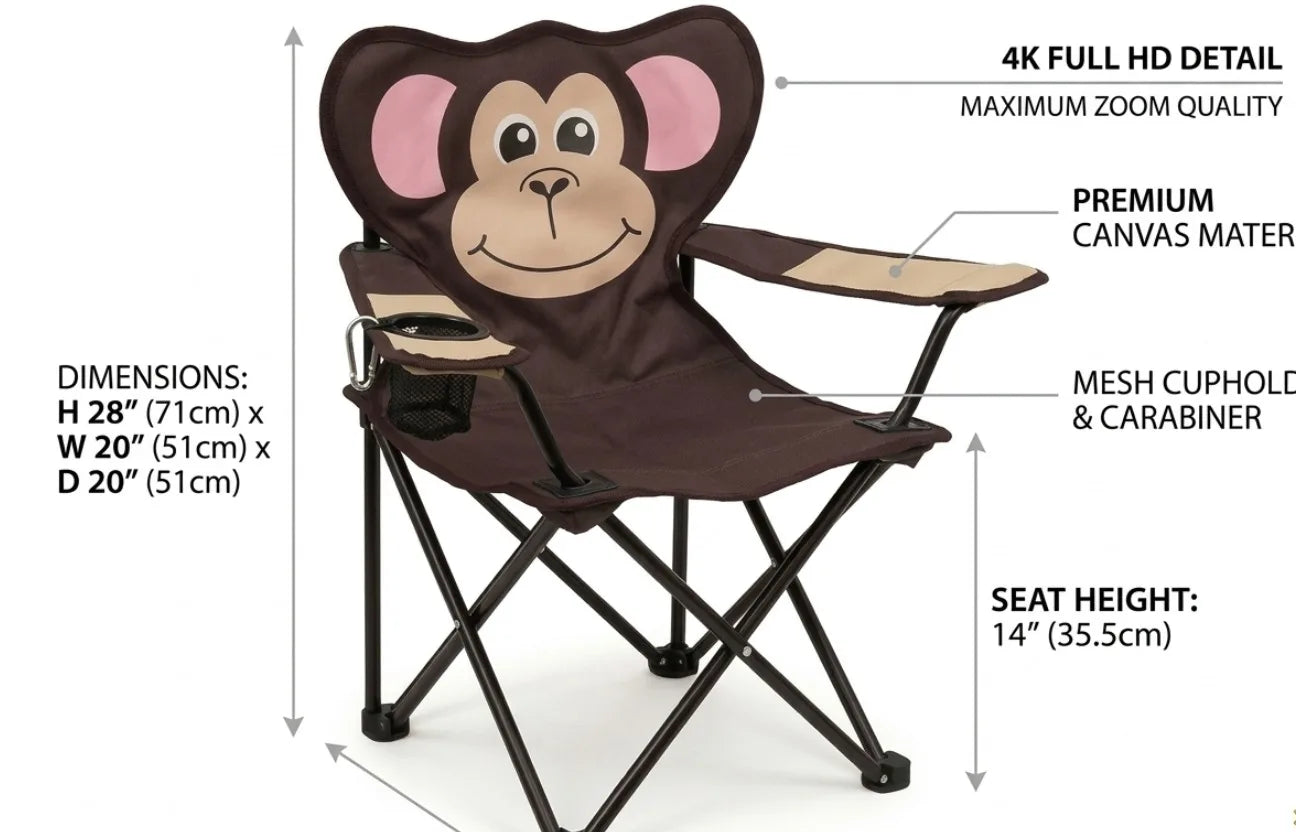 Animal Style Folding Camping Chair Portable Kids Chair with Armrest Cup Holder Lightweight Outdoor Picnic Beach Chair Monkey Fro