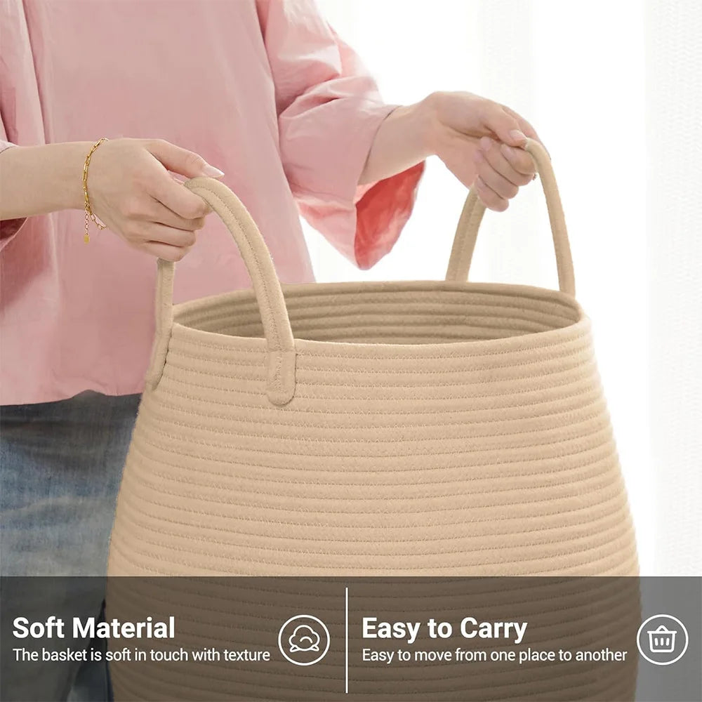 Large Cotton Rope Laundry Basket Barrel Shape Thickened Stereoscopic Dirty Clothes Hamper Eco-Friendly Sundries Storage Basket for Hotel Bedroom Bathroom Home Organizer White/Beige
