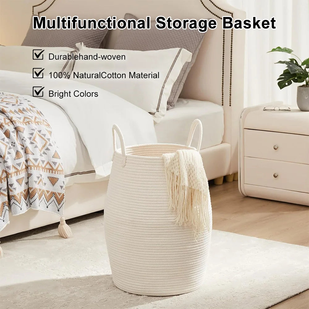 Large Cotton Rope Laundry Basket Barrel Shape Thickened Stereoscopic Dirty Clothes Hamper Eco-Friendly Sundries Storage Basket for Hotel Bedroom Bathroom Home Organizer White/Beige
