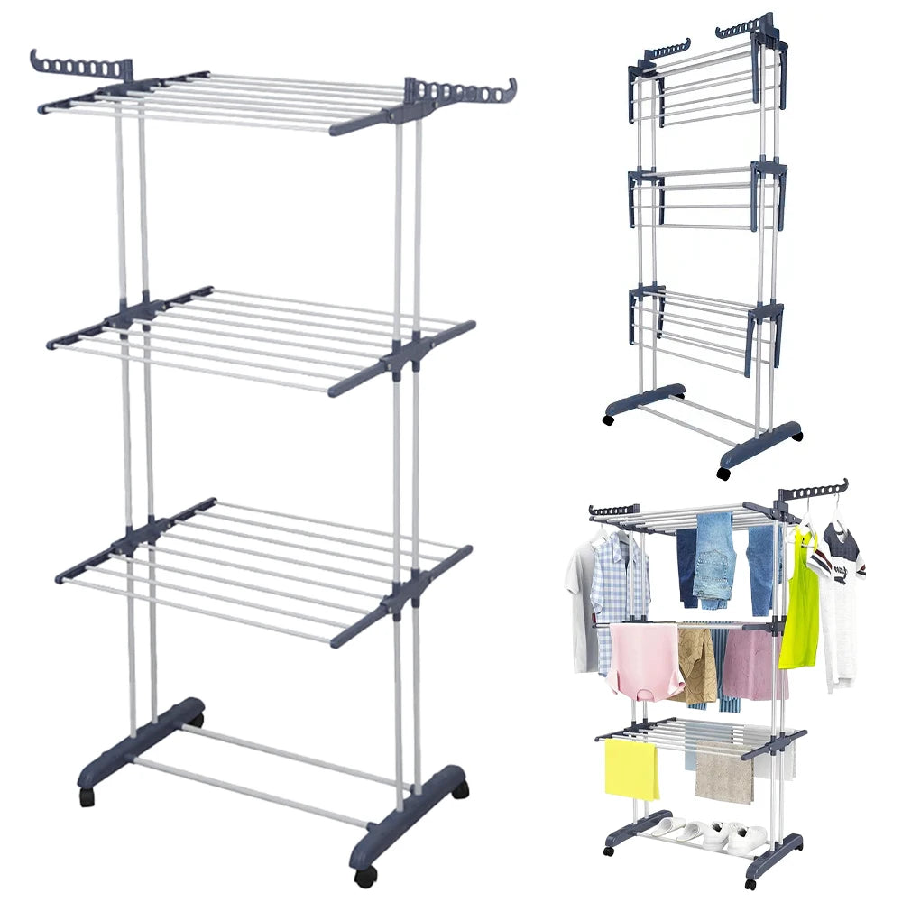 Home Removable 4-layers Drying Rack Foldable Telescopic Towel Hanging Rack Space-Saving Indoor Outdoor Adjustable Floor Standing Clothes Drying Rack for Balcony Garden Bedroom