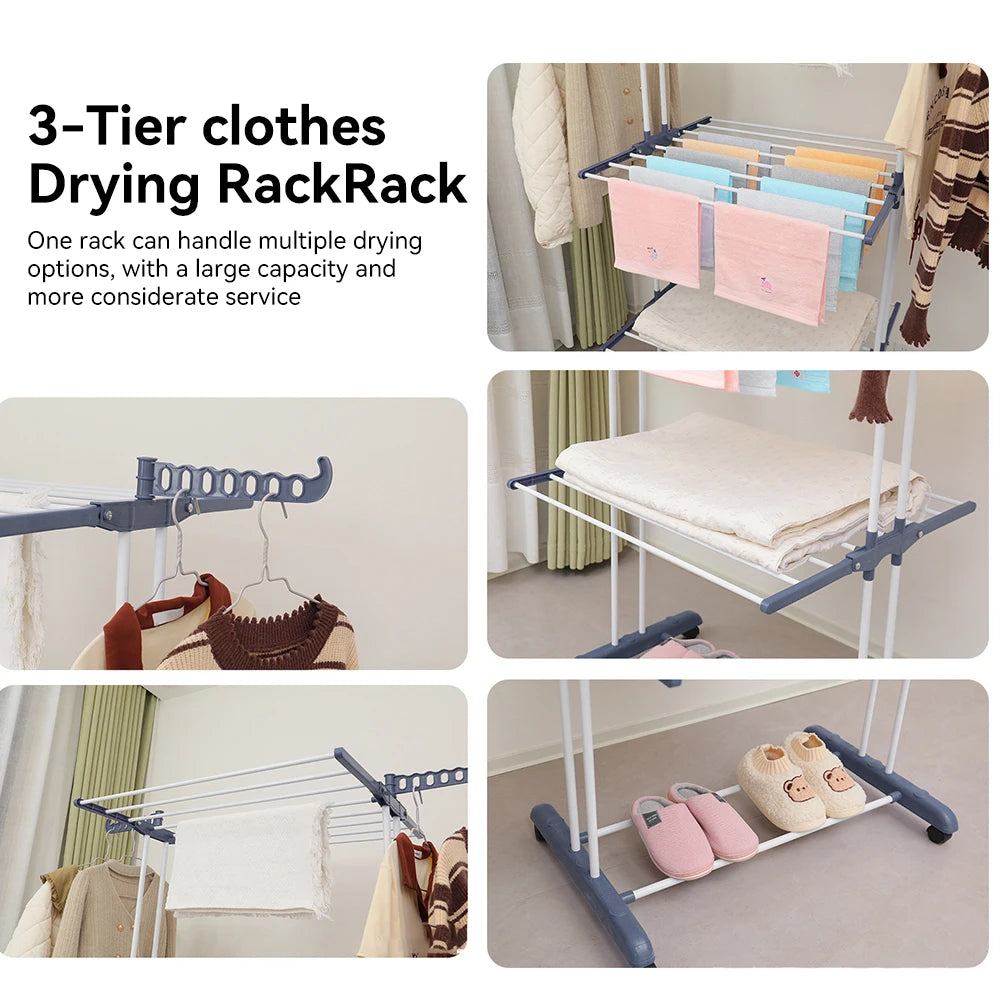 Home Removable 4-layers Drying Rack Foldable Telescopic Towel Hanging Rack Space-Saving Indoor Outdoor Adjustable Floor Standing Clothes Drying Rack for Balcony Garden Bedroom