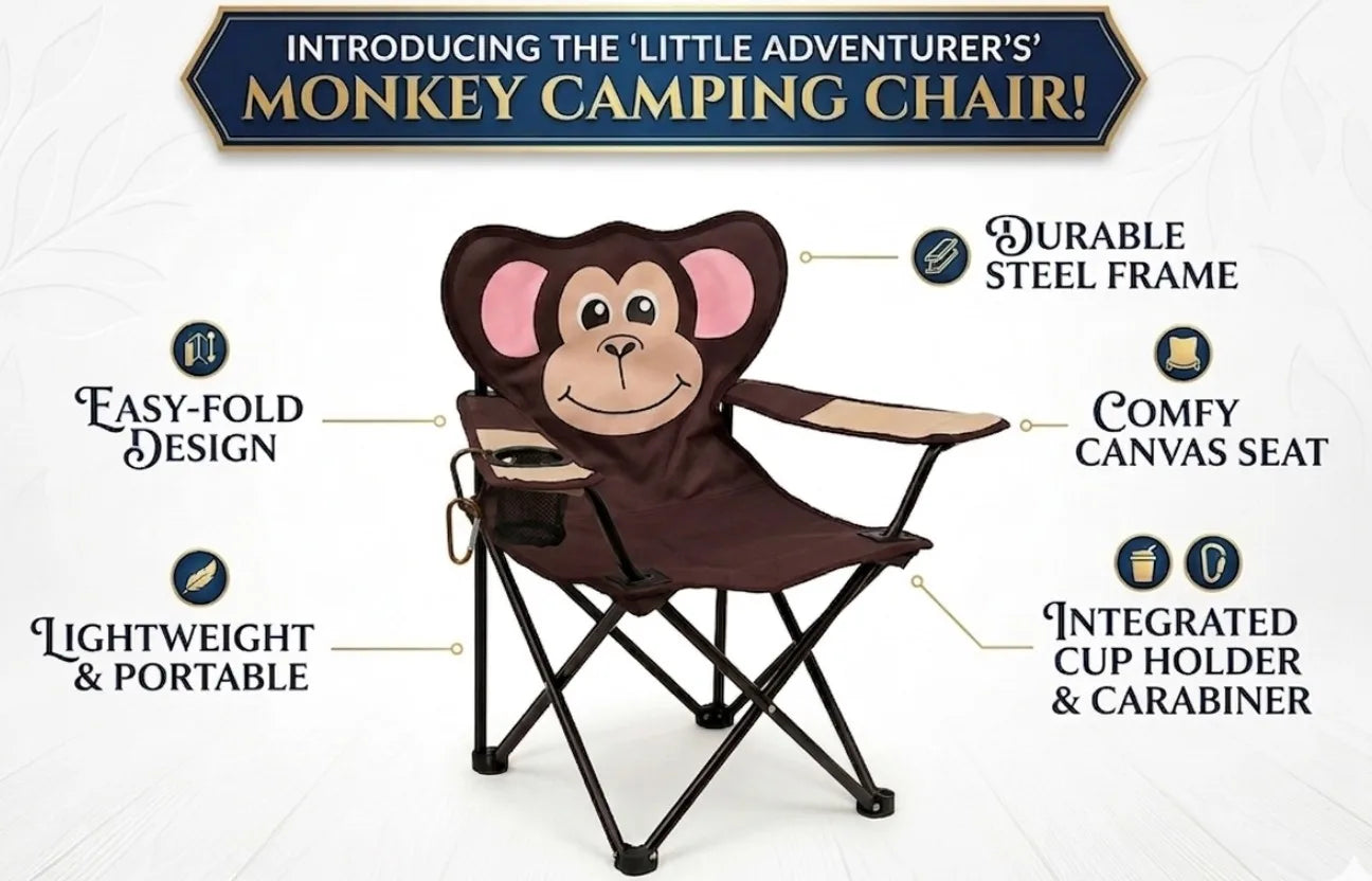 Animal Style Folding Camping Chair Portable Kids Chair with Armrest Cup Holder Lightweight Outdoor Picnic Beach Chair Monkey Fro