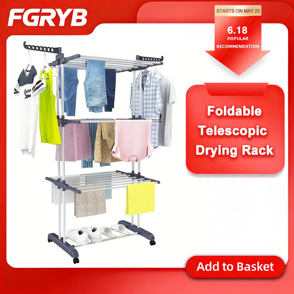 Home Removable 4-layers Drying Rack Foldable Telescopic Towel Hanging Rack Space-Saving Indoor Outdoor Adjustable Floor Standing Clothes Drying Rack for Balcony Garden Bedroom