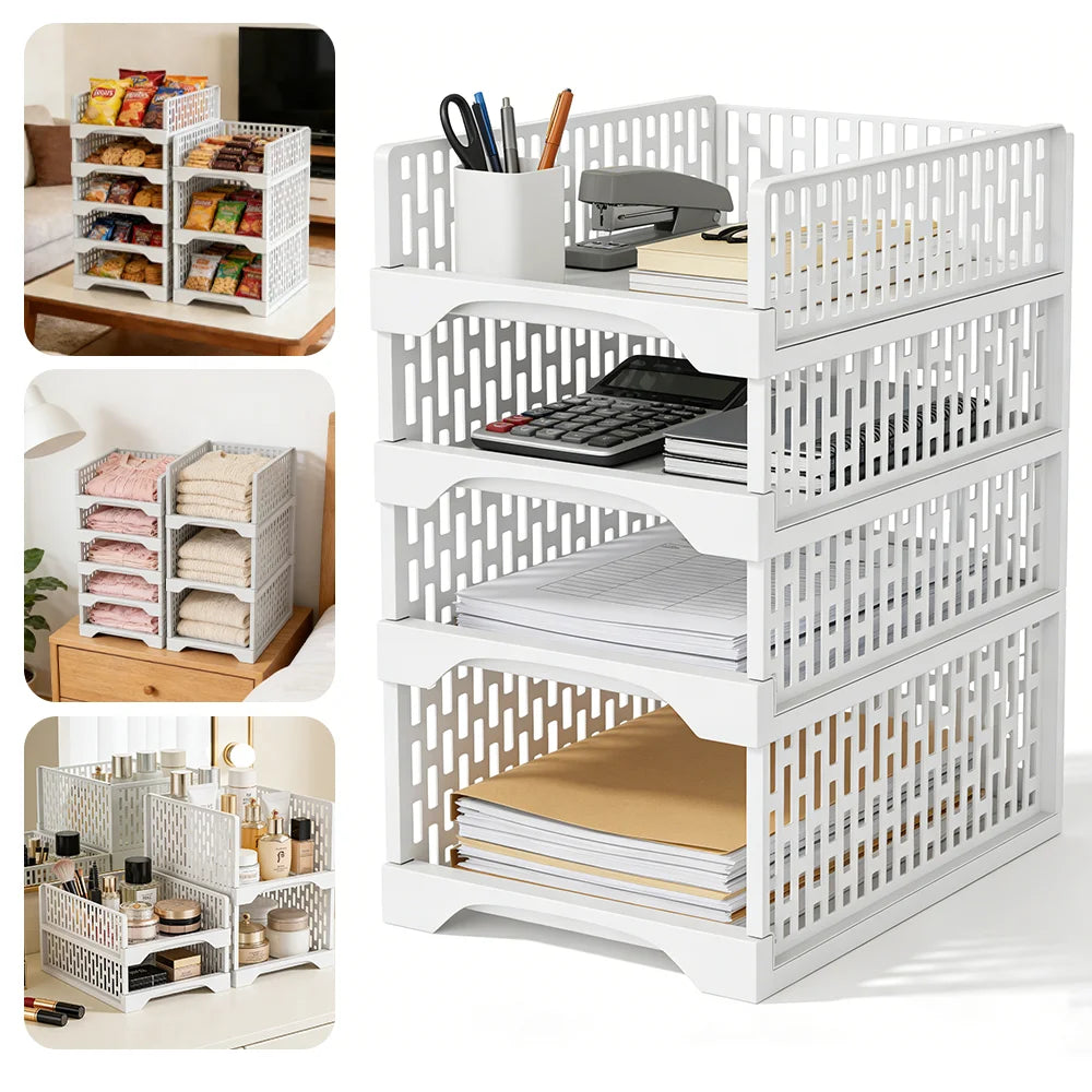 2/4Pcs Stackable Wardrobe Storage Rack Storage Basket Clothes Layered Partition Shelf Toy Books Organize Assembled Drawer