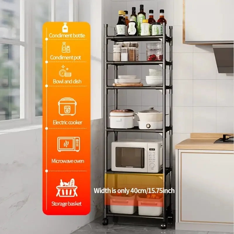 Six-tier adjustable roller metal storage trolley, multi-purpose storage rack for kitchen, bedroom, bathroom and laundry room