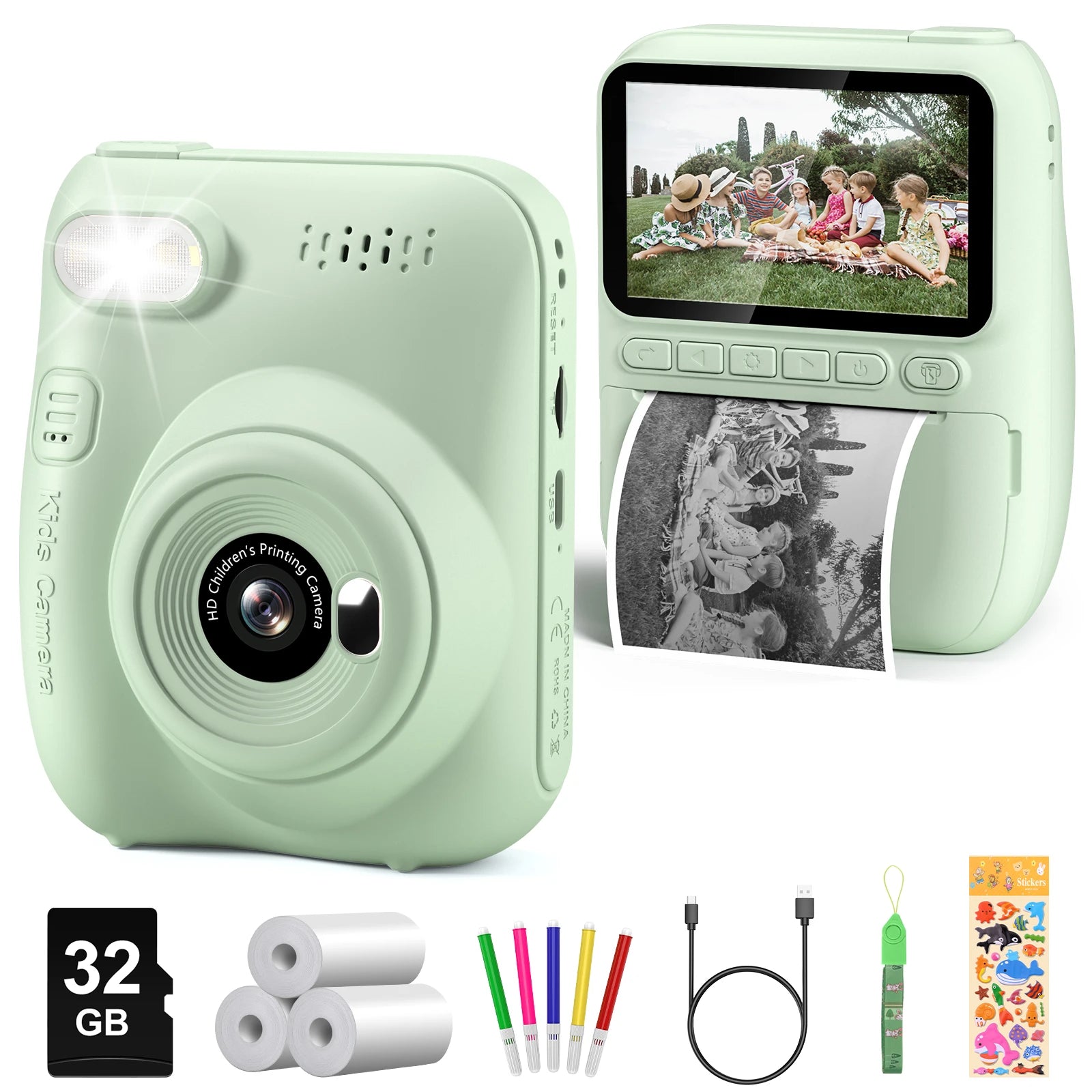 Kids Digital Camera 3.0" Portable Instant Print Camera 32MP HD 1080P Camera Toy Gift For 6-12 Year With 3 Rolls Printer Paper