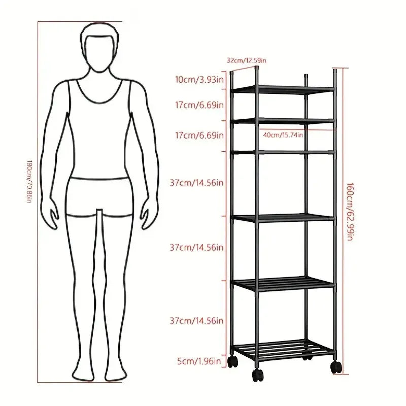 Six-tier adjustable roller metal storage trolley, multi-purpose storage rack for kitchen, bedroom, bathroom and laundry room