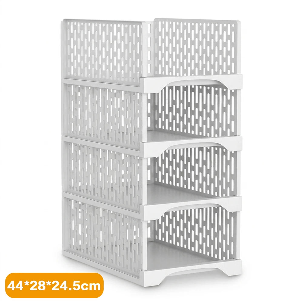 2/4Pcs Stackable Wardrobe Storage Rack Storage Basket Clothes Layered Partition Shelf Toy Books Organize Assembled Drawer