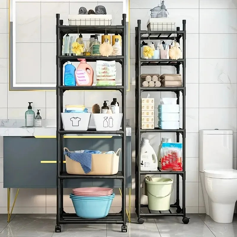 Six-tier adjustable roller metal storage trolley, multi-purpose storage rack for kitchen, bedroom, bathroom and laundry room