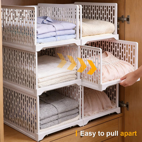 2/4Pcs Stackable Wardrobe Storage Rack Storage Basket Clothes Layered Partition Shelf Toy Books Organize Assembled Drawer