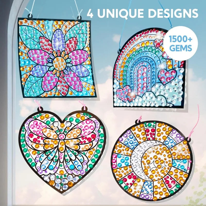JOYFY 4PCS Window Art Suncatcher Kits Fun Gem Painting Kits Diamond Art for Boys Girls Birthdays Christmas Gift